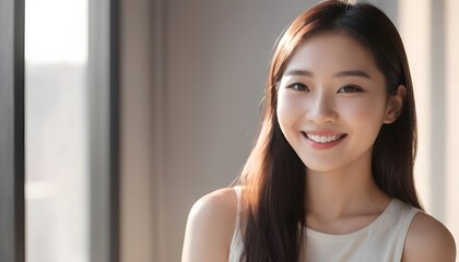Portrait of a Cheerful Asian young woman, girl. close-up. smiling. Sunlight
