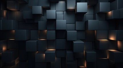 Abstract dark geometric black anthracite 3d texture wall with squares and rectangles background banner illustration with glowing lights - obrazy, fototapety, plakaty
