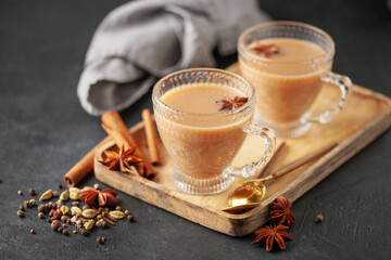 Traditional middle eastern beverage, indian drink masala or arabian karak chai with spices