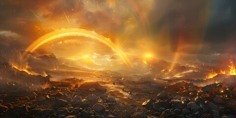 Destruction and Chaos: Cratered Landscape with Scattered Rainbows, Acid, and Sun Explosions. Concept Post-Apocalyptic, Explosive Scenery, Desolate Wasteland, Rainbow Fallout, Toxic Environment - obrazy, fototapety, plakaty