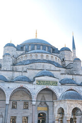Fototapeta na wymiar Istanbul, Turkey - 21 March 2024: Sultanahmet Mosque (Blue Mosque) in Istanbul, Turkey. This was on a sunny morning during the first day of spring 2024.