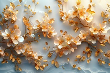 autumn leaves background, 
The stunning 3D scenario with golden branches dancing amidst light and shadow on a pure white canvas is adorned with intricate floral designs, 