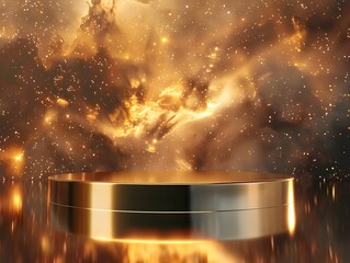 Golden Podium Surrounded by Swirling Galaxies - A Celestial Stage for Luxury Product Showcases