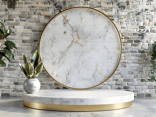 Minimalist White Marble Podium with Gold Accents Against a Rustic Brick Wall - Perfect for High-End Product Displays