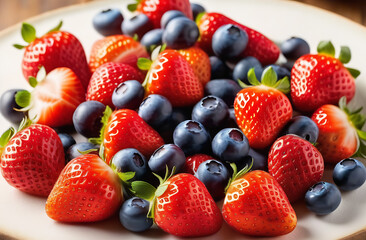 Obraz premium Ripe strawberries and blueberries on a white plate in close-up. Colorful berries on a light background. Beautiful fruit background