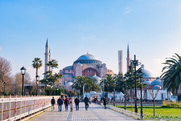 Istanbul, Turkey - March 21, 2024: Editorial: Hagia Sophia mosque in the morning against blue sky...