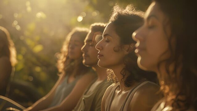 With soft sunlight filtering through the trees a group of individuals sit in meditation their eyes closed and their bodies still. They connect with the earth and their surroundings