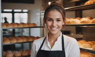 Beautiful young female baker standing in a bakery and smiling at the camera