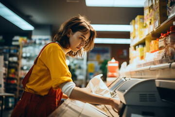 Fototapeta na wymiar Occupation, business, lifestyle concept. Portrait of casual woman working in grocery store full of various products