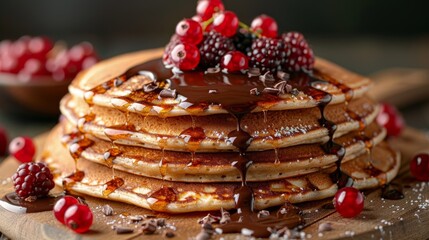  A wooden board, pancakes atop, smothered in chocolate and sprinkled with raspberries