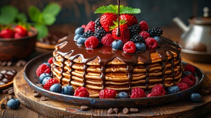  A towering stack of fluffy pancakes drenched in rich chocolate frosting and generously sprinkled with juicy raspberries and plump blue - obrazy, fototapety, plakaty