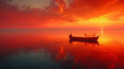 Rolgordijnen  Red-orange sky, sun in distance  boat floating atop water © Nadia