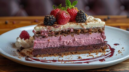  White plate, cake with whipped cream & berries