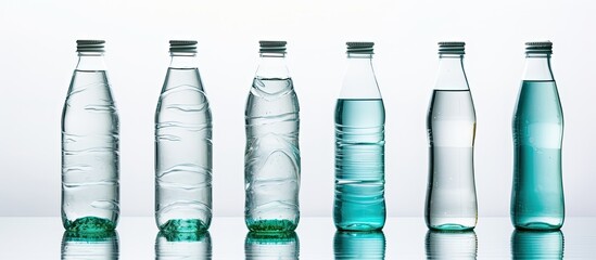 A straight row of transparent plastic water bottles with no liquid inside, isolated on a white background