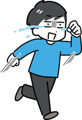泣きながら必死に走る私服の若い男性(全身)