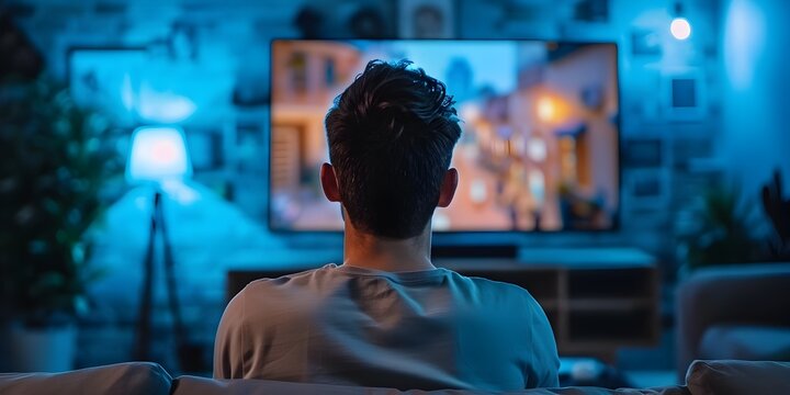 Man Watches Unboxing Video on Large Screen at Home in Dim Lighting,Researches Product Before Purchase - Powered by Adobe