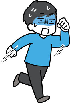 青ざめた顔で必死に走る私服の若い男性(全身)