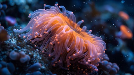  An image featuring a close-up of an orange and white sea anemone on a blue and purple sea anemone background - obrazy, fototapety, plakaty