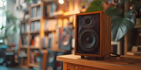 Elegant Wooden Bookshelf Speaker Showcasing Acoustic Aesthetics with Ample Copy Space for Creative