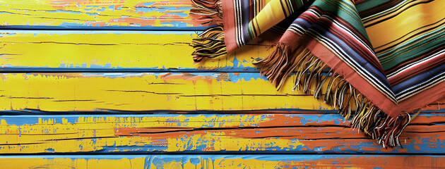 Mexican rug  a serape  for Cinco de Mayo holiday party celebration on bright yellow orange old 
  wooden background, top view, copy space. Fifth of May celebration concept. - obrazy, fototapety, plakaty