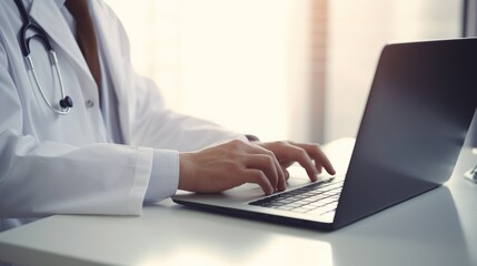 Close up of male doctor working and typing on laptop computer at doctor's office. doctor staff online meeting via laptop