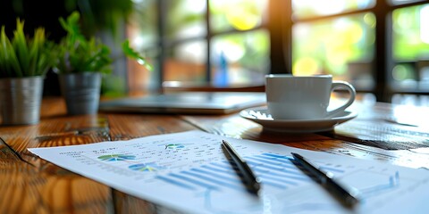 Financial Data Review on Wooden Office Desk with Coffee Cup and Greenery - obrazy, fototapety, plakaty