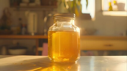 A glass jar filled with creamy golden ghee stands prominently on a kitchen counter. This clarified butter revered in Ayurveda for its healing properties symbolizes the fusion