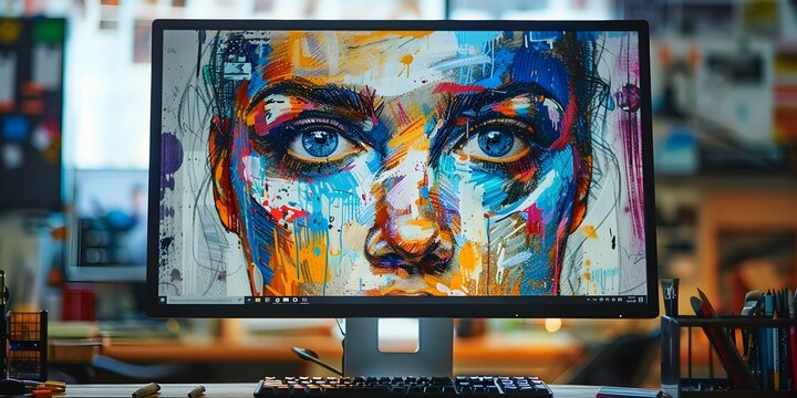 Vibrant Digital Artwork Displayed on a Computer Monitor Showcasing Expression through Colorful Brushstrokes and Abstract Composition