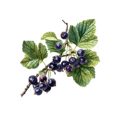 Illustration of a bunch of blackcurrants whose stems and leaves are colored using watercolors