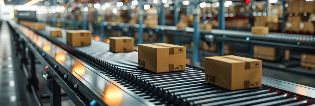 Fulfillment Centre Warehouse with Seamless Conveyors,
Cardboard boxes on the conveyor