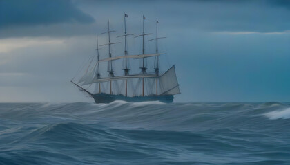 A large brigantine ship sailing on a stormy sea with dark blue water and storm clouds in the...