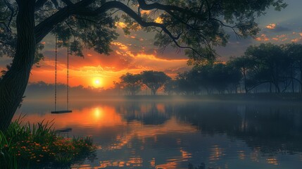  The sun sets behind a lake, swing, and tree in the foreground