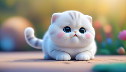 A white Scottish fold kitten with big round eyes and a fluffy coat, looking like a living cartoon character.
