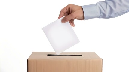 Hand casting vote in a ballot box, concept of democracy. simplistic design ideal for voting themes. neutral colors with focused lighting. AI