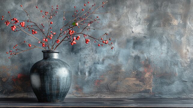  A painting depicts a vase filled with red berries on a table against a gray background