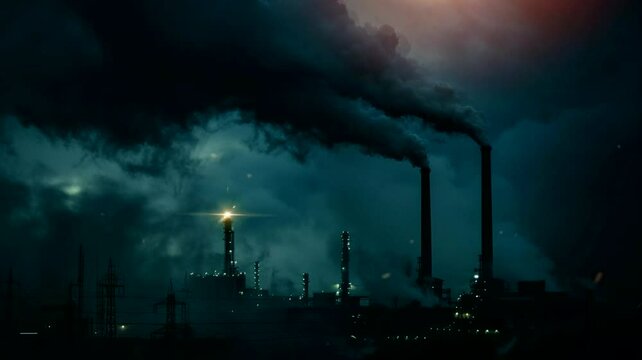Power plant pollution chimney scene, animated virtual repeating seamless 4k	