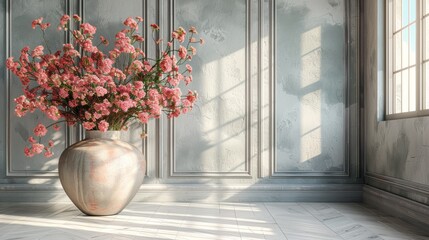  A vase overflowing with vibrant pink blossoms perched on a pristine white tile surface, adjacent to a transparent window on a slate-colored background