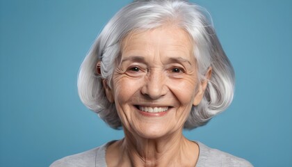 Portrait of the elderly, silver hair, senior. smiling. indoor. clean background.. blue background