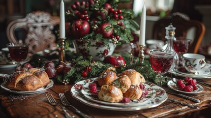 A table set for Christmas with cranberries, croissants, and croissants on plates