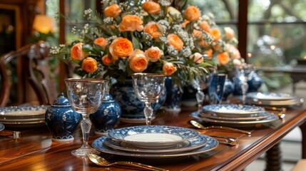 Fototapeta na wymiar A dining room table with blue and white china and an orange-flowered vase