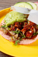 A closeup view of a chicken taco.