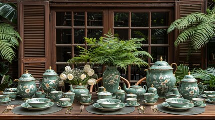  Table with various dishes, cups, and a centerpiece plant