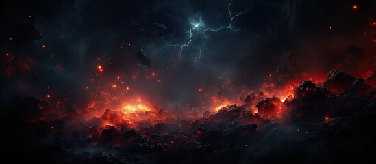 A dark and stormy sky crackling with lightning and magma flowing like lava - obrazy, fototapety, plakaty