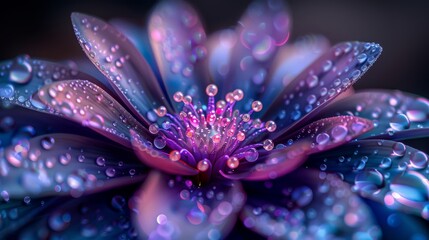 A blue flower's petals have water droplets in close-up - obrazy, fototapety, plakaty