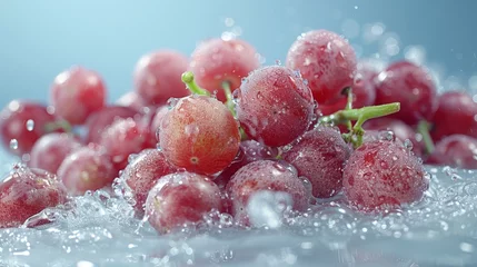 Deurstickers  Tableau of several grapes resting atop a moistened surface with water droplets forming on their uppermost points © Nadia