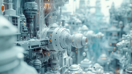 White futuristic technology microworld. Industrial sci-fi concept. 3D render illustration with depth of field.