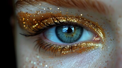  Blue eyes adorned with golden glitter eyelid - obrazy, fototapety, plakaty