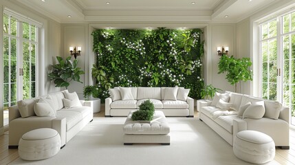  A cozy living room featuring white furnishings and a lush green wall that enhances the ambiance of the room, making it look spacious