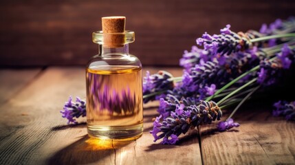 Obraz na płótnie Canvas A glass bottle of lavender essential oil with fresh lavender flowers, an aromatherapy spa massage concept. Alternative medicine. Aromatherapy.