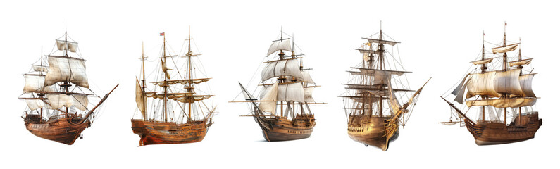 Illustration of many different vintage wooden sail ships concept on white background, Generative AI image. - obrazy, fototapety, plakaty